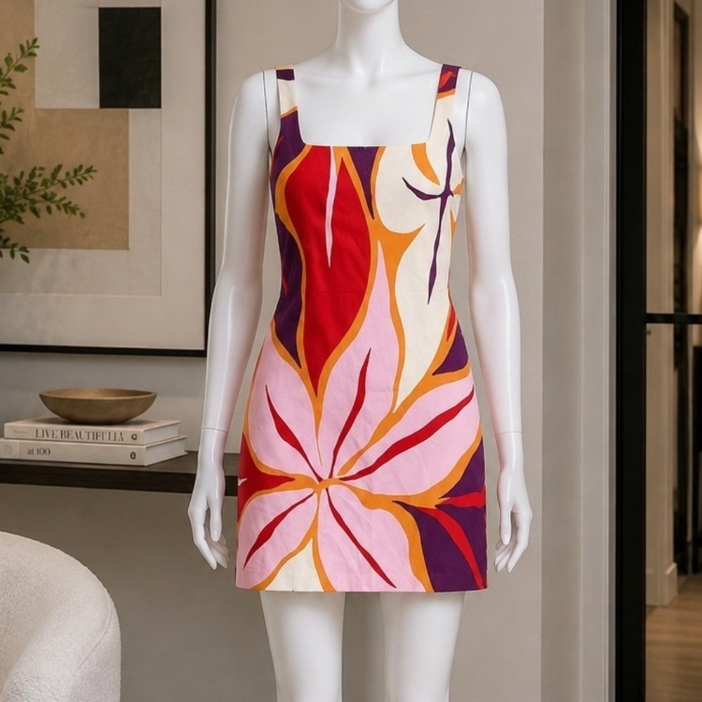 Cala de la Cruz Womens Mini Dress Tropical Floral Linen Pink Orange Small